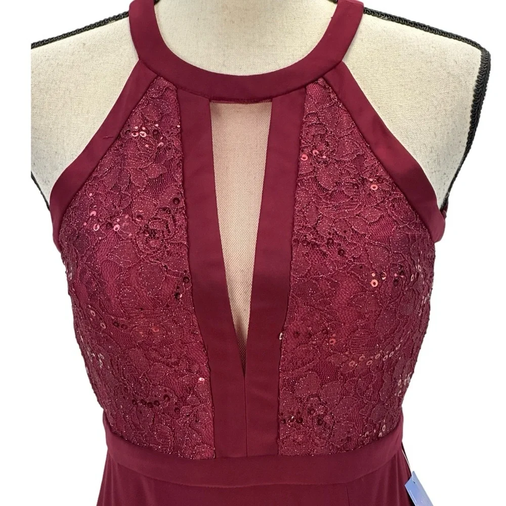 Nightway Sleeveless Halter Neck Sequin Lace Maxi Dress - Merlot Red - size 4P - Picture 2 of 12
